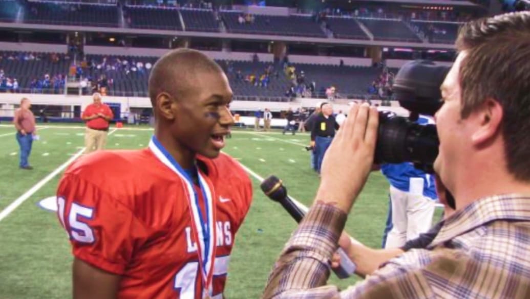 A Henderson player being interviewed after winning the state title as part of the documentary Fourth Down, Forever To Go.