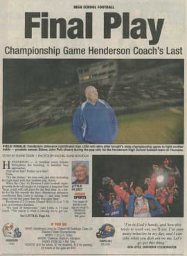 A newspaper clipping that reads "Final Play" highlighting Coach Little's last game in Fourth Down, Forever To Go