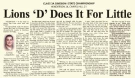 Newspaper clipping reads "Lions 'D' Does It For Little" in Fourth Down, Forever to Go
